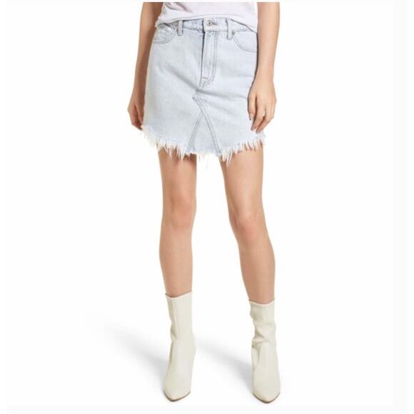 7 for All Mankind Light Wash Frayed Denim Mini Skirt - Picture 1 of 10